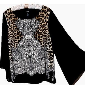 Alfani Top XL Leopard And Lace Print Studs Stretch Knit Bubble Hem Shirt Blouse